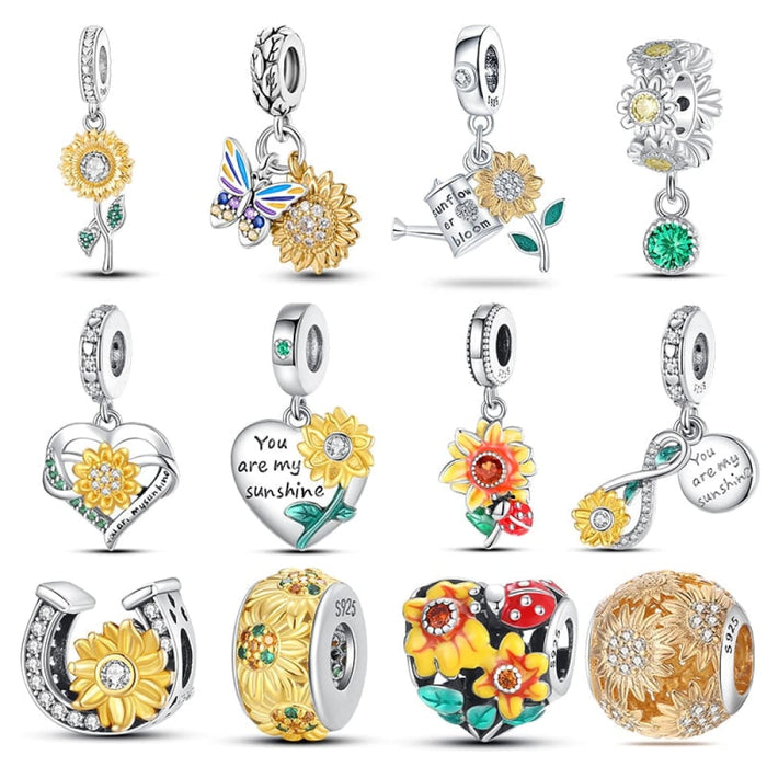 925 Sterling Silver Golden Sunflowers Heart Charms Beads