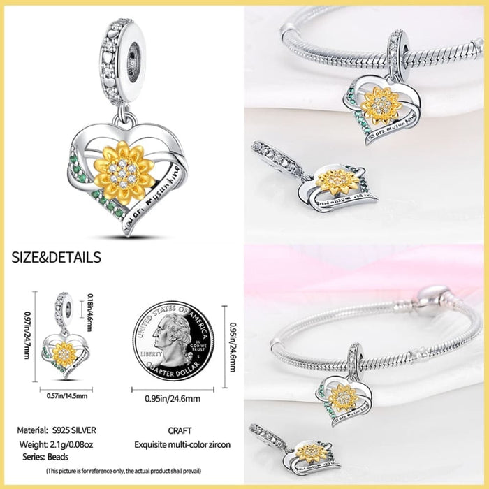 925 Sterling Silver Golden Sunflowers Heart Charms Beads