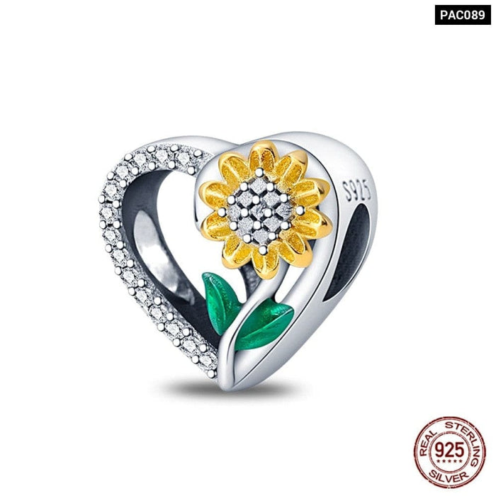 925 Sterling Silver Golden Sunflowers Heart Charms Beads