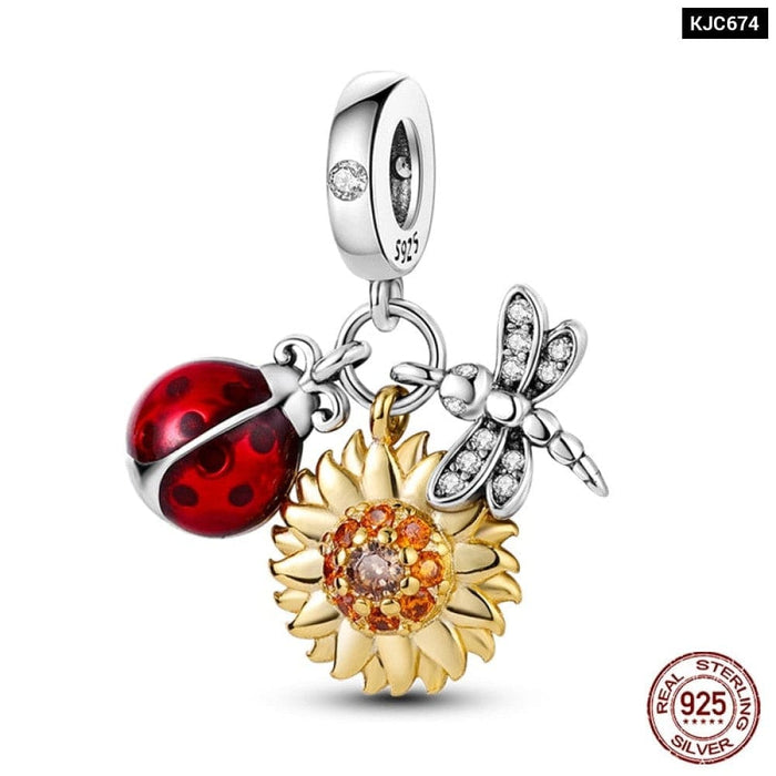 925 Sterling Silver Golden Sunflowers Heart Charms Beads