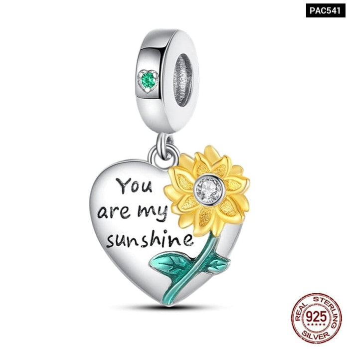 925 Sterling Silver Golden Sunflowers Heart Charms Beads