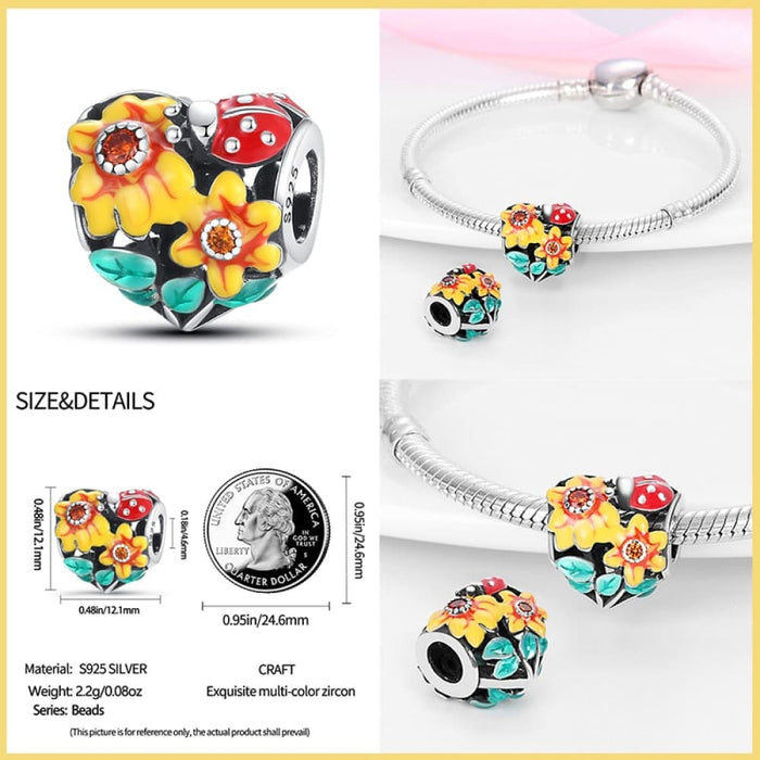 925 Sterling Silver Golden Sunflowers Heart Charms Beads