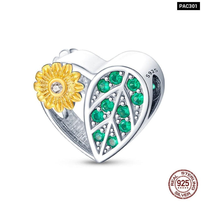 925 Sterling Silver Golden Sunflowers Heart Charms Beads