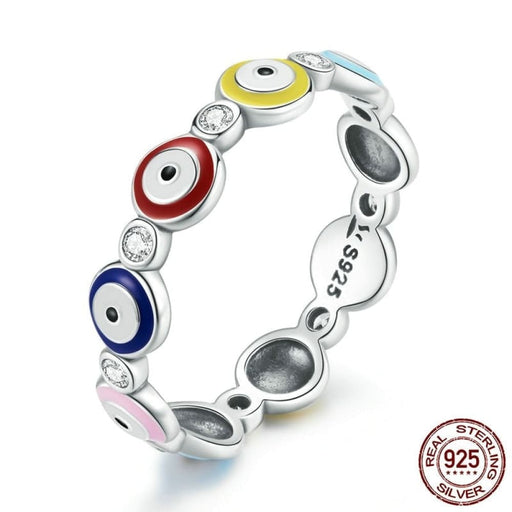 925 Sterling Silver Guardian Eye Ring Colourful Devil Eyes