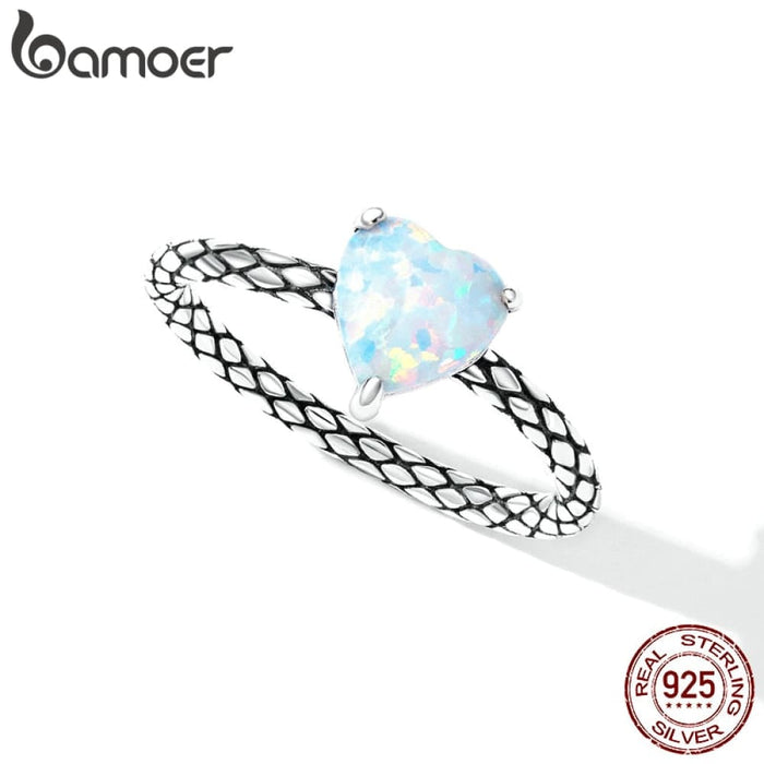 925 Sterling Silver Heart Opal Snake Pattern Ring For Women