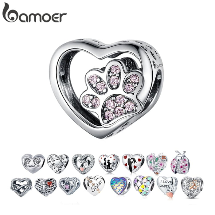 925 Sterling Silver Heart-shape Collection Charms Cat Love