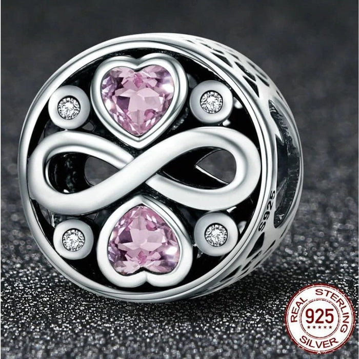 925 Sterling Silver Infinity Love Pink Heart Crystal Beads