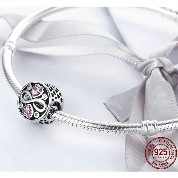 925 Sterling Silver Infinity Love Pink Heart Crystal Beads