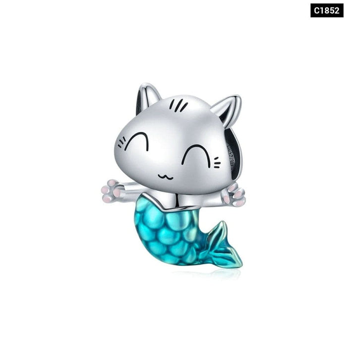 925 Sterling Silver Kitty Mermaid Charm Blue Enamel Bead