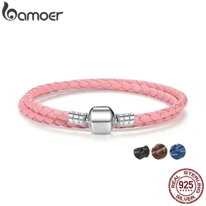 925 Sterling Silver Long Double Pink Black Braided Leather