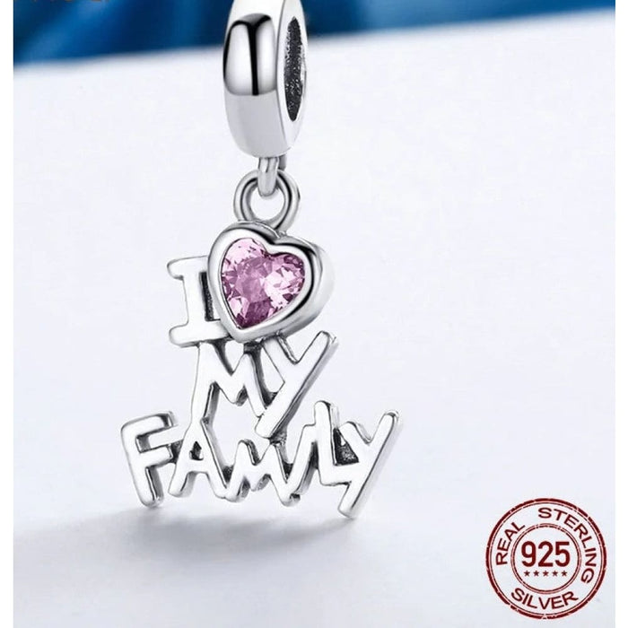 925 Sterling Silver i Love My Family Heart Dangle Charms