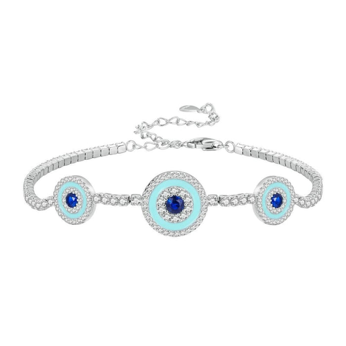 925 Sterling Silver Luxury Round Blue Evil Eyes Clear Cubic