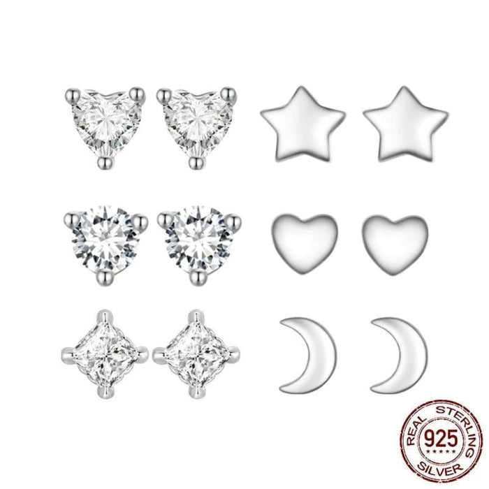 925 Sterling Silver Mini Heart Star And Moon Stud Earrings