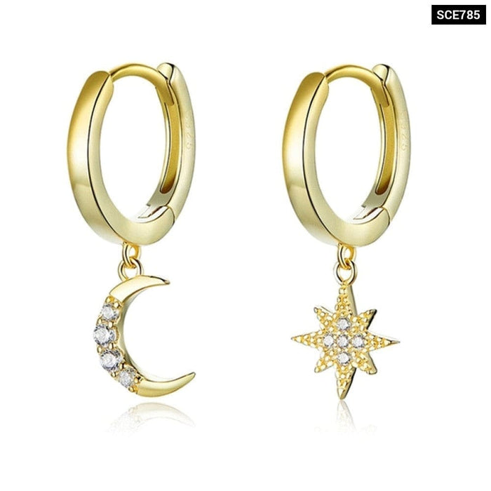 925 Sterling Silver Moon And Star Dangle Earrings