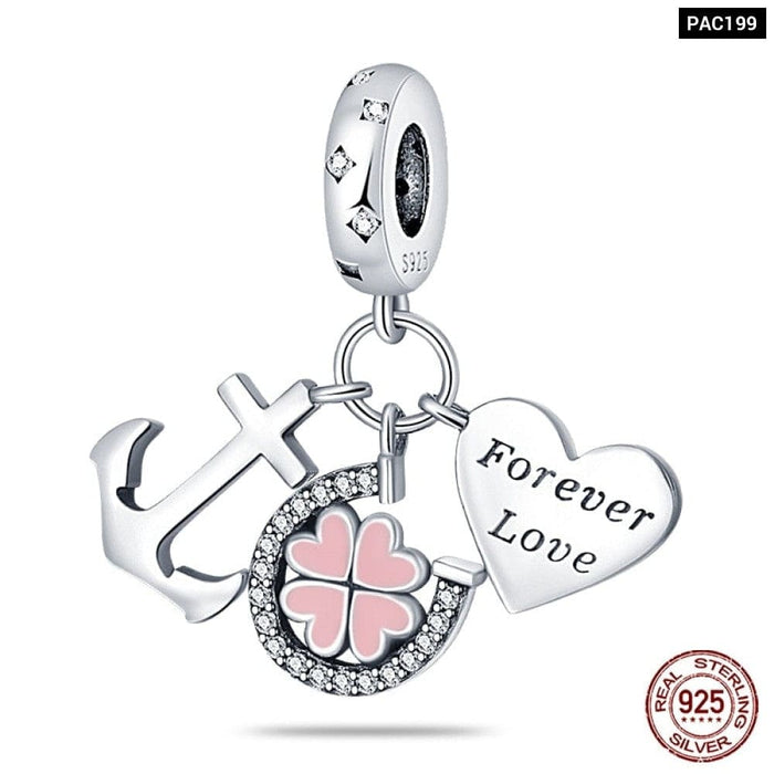 925 Sterling Silver Pink Series Heart Charms Beads Fit