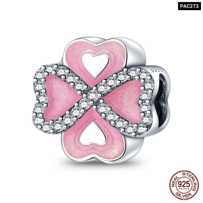 925 Sterling Silver Pink Series Heart Charms Beads Fit