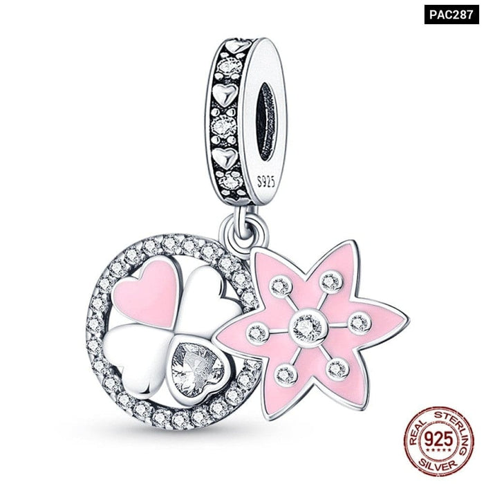 925 Sterling Silver Pink Series Heart Charms Beads Fit