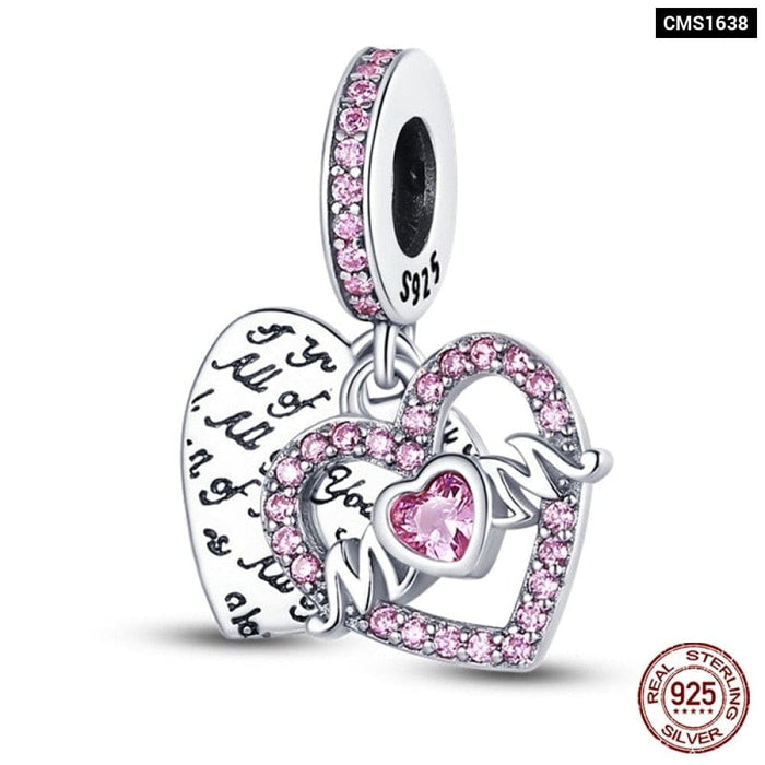 925 Sterling Silver Pink Series Heart Charms Beads Fit