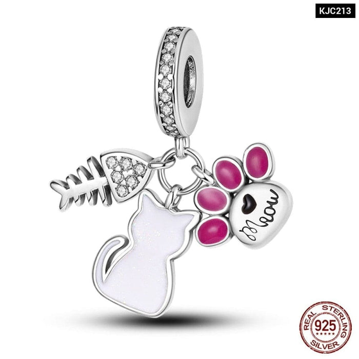 925 Sterling Silver Pink Series Heart Charms Beads Fit