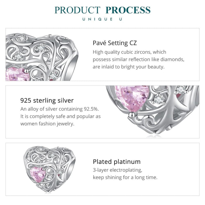 925 Sterling Silver Pink Zircon Love Bead Vine Hollow