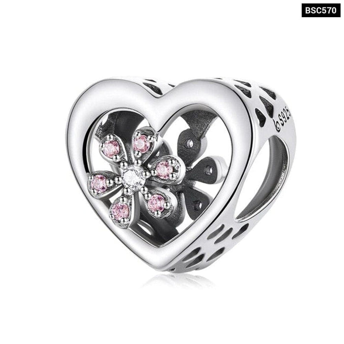 925 Sterling Silver Pink Zircon Love Bead Vine Hollow