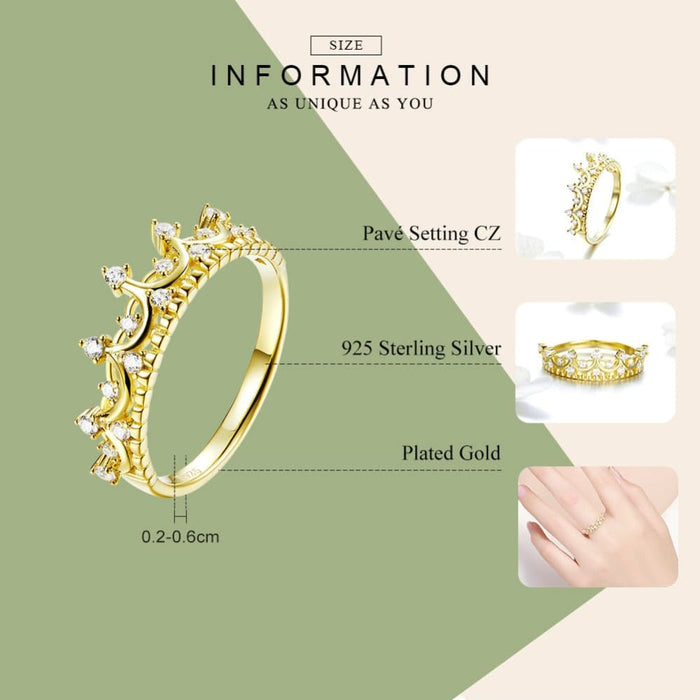 925 Sterling Silver Princess Crown Gold Colour Rings