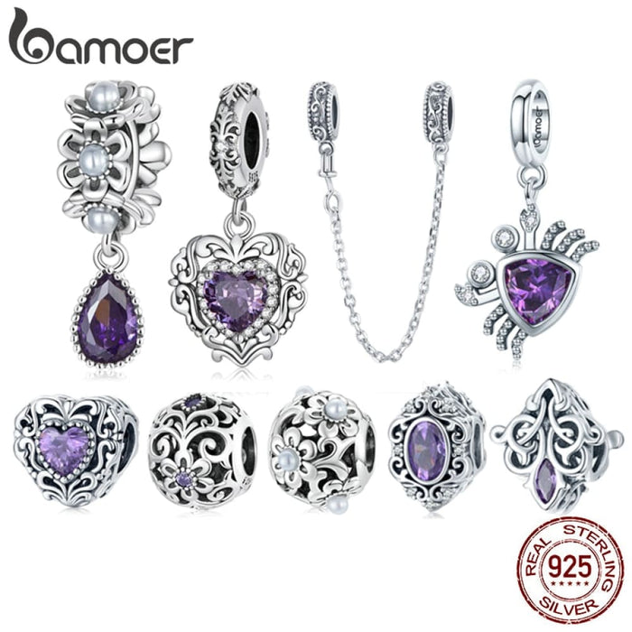 925 Sterling Silver Purple Shining Stone Collection Charms