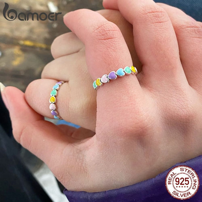 925 Sterling Silver Rainbow Heart Finger Ring For Women