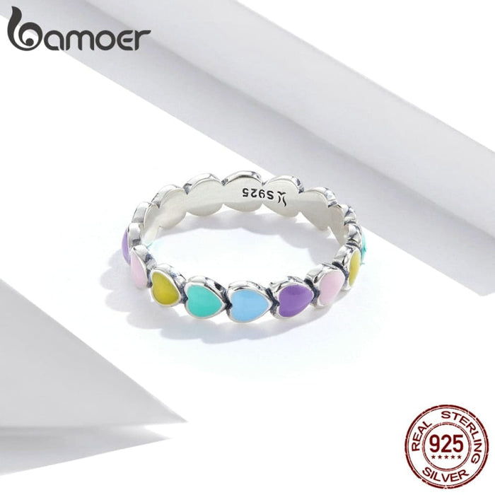 925 Sterling Silver Rainbow Heart Finger Ring For Women