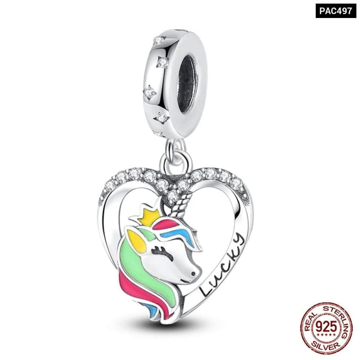 925 Sterling Silver Rainbow Heart Shaped Horse Charms Beads