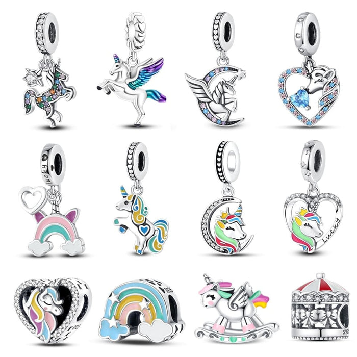 925 Sterling Silver Rainbow Heart Shaped Horse Charms Beads