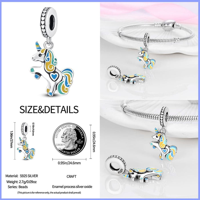 925 Sterling Silver Rainbow Heart Shaped Horse Charms Beads