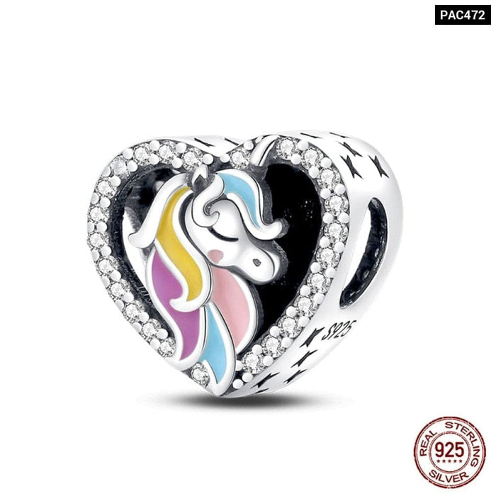 925 Sterling Silver Rainbow Heart Shaped Horse Charms Beads