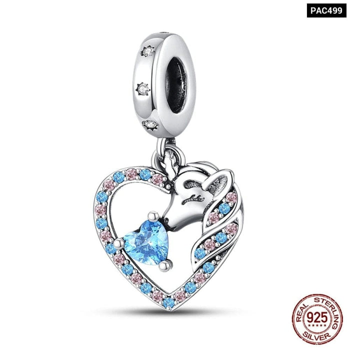 925 Sterling Silver Rainbow Heart Shaped Horse Charms Beads