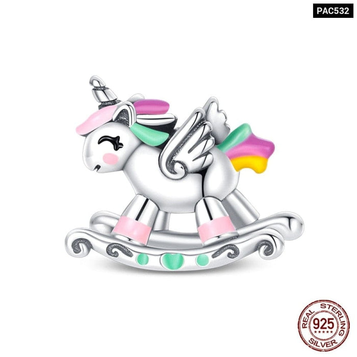 925 Sterling Silver Rainbow Heart Shaped Horse Charms Beads