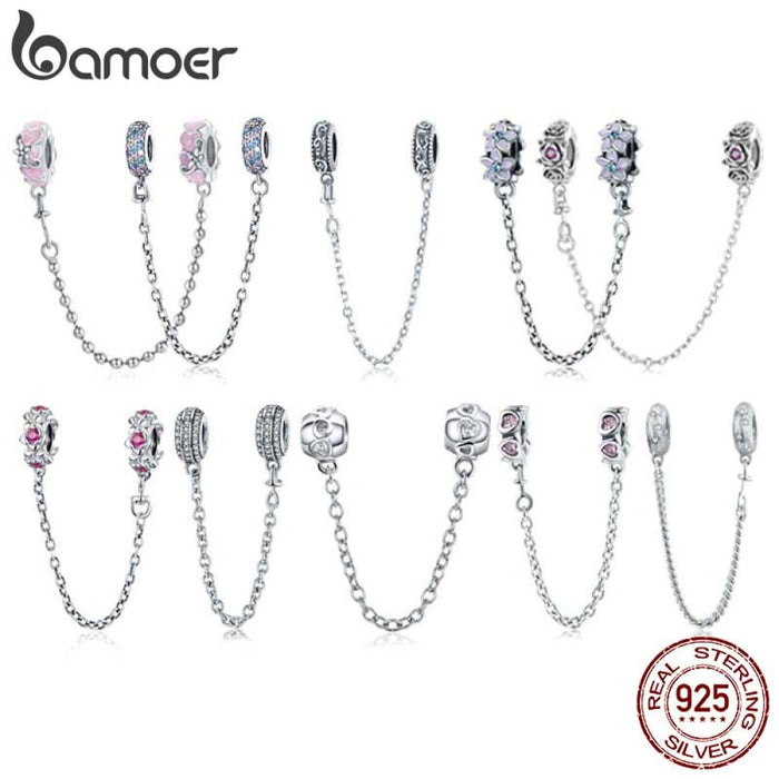 925 Sterling Silver Rose Flower Garland Safety Chain Pink