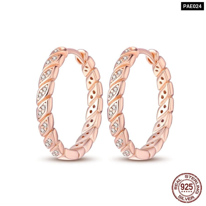 925 Sterling Silver Rose Gold Heart Geometric Pave Cz Hoop