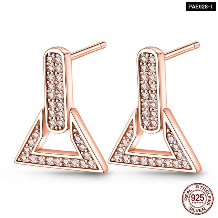 925 Sterling Silver Rose Gold Heart Geometric Pave Cz Hoop