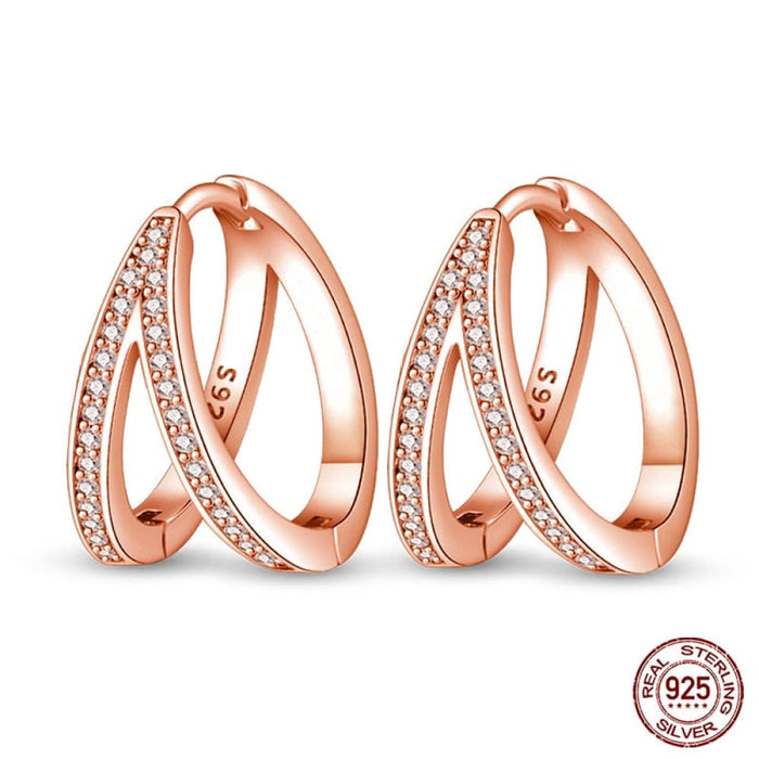 925 Sterling Silver Rose Gold Heart Geometric Pave Cz Hoop