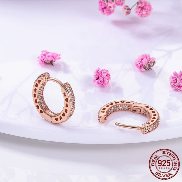 925 Sterling Silver Rose Gold Heart Geometric Pave Cz Hoop