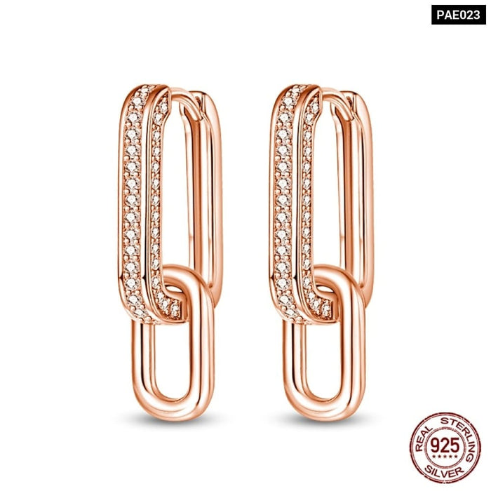 925 Sterling Silver Rose Gold Heart Geometric Pave Cz Hoop