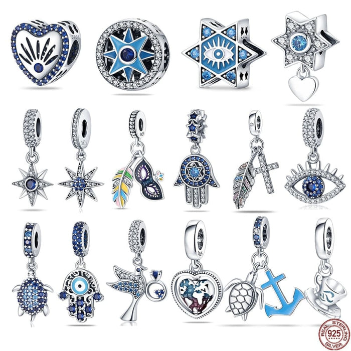 925 Sterling Silver Star Charms Beads Shiny Blue Zircon