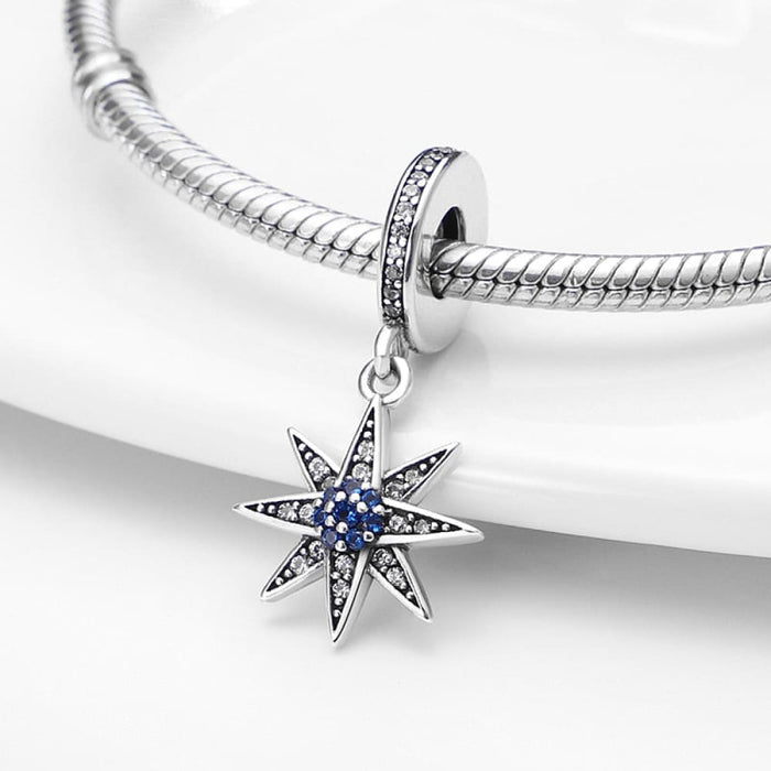 925 Sterling Silver Star Charms Beads Shiny Blue Zircon