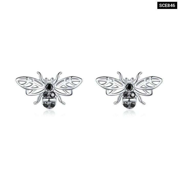 925 Sterling Silver Bee Story Clear Cz Exquisite Stud