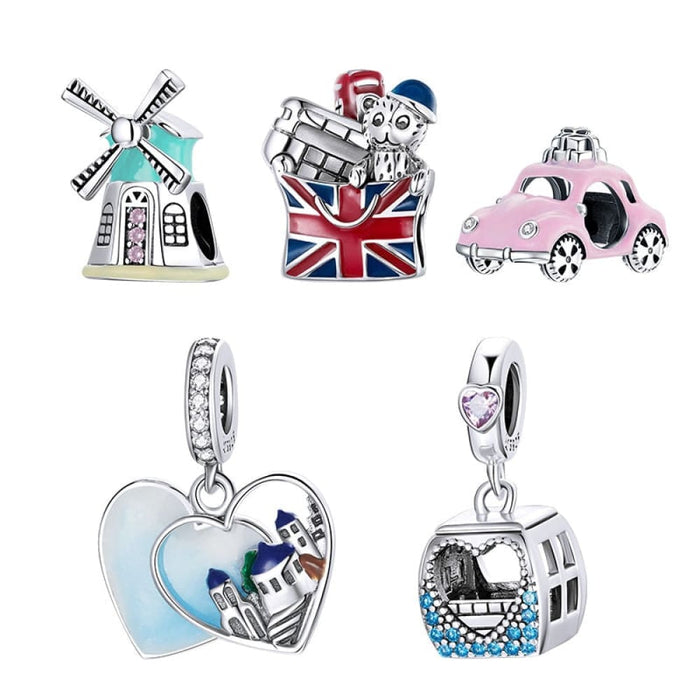 925 Sterling Silver Travel London Charm Pink Cable Car