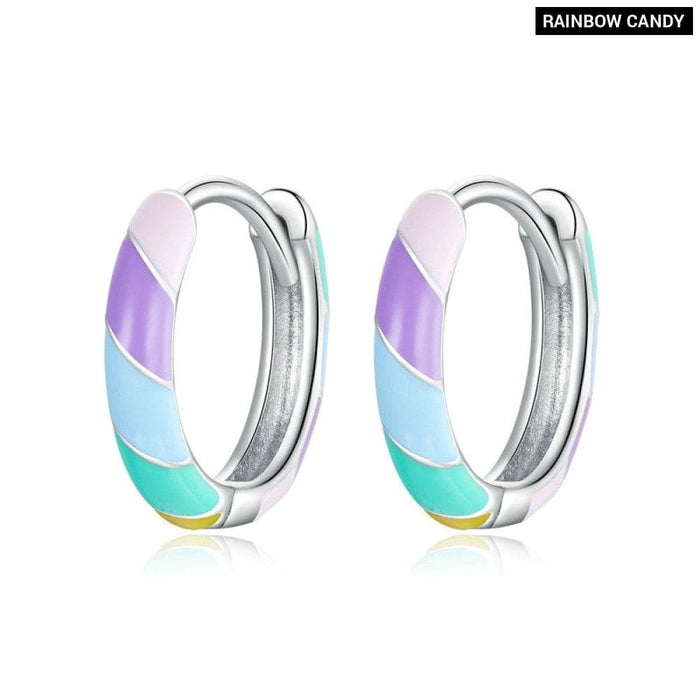 925 Sterling Silver Women Rainbow Trend Enamel Heart Hoop