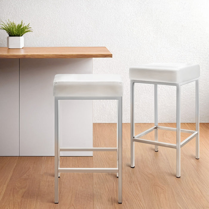 4X Bar Stools Leather Padded Metal White