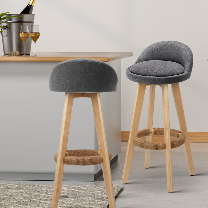 4X Bar Stools Padded Linen Wooden Grey