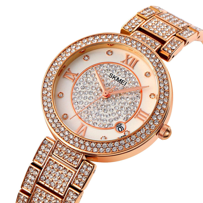 1739 Diamond Roman Numerals Round Dial Quartz Watch For Women