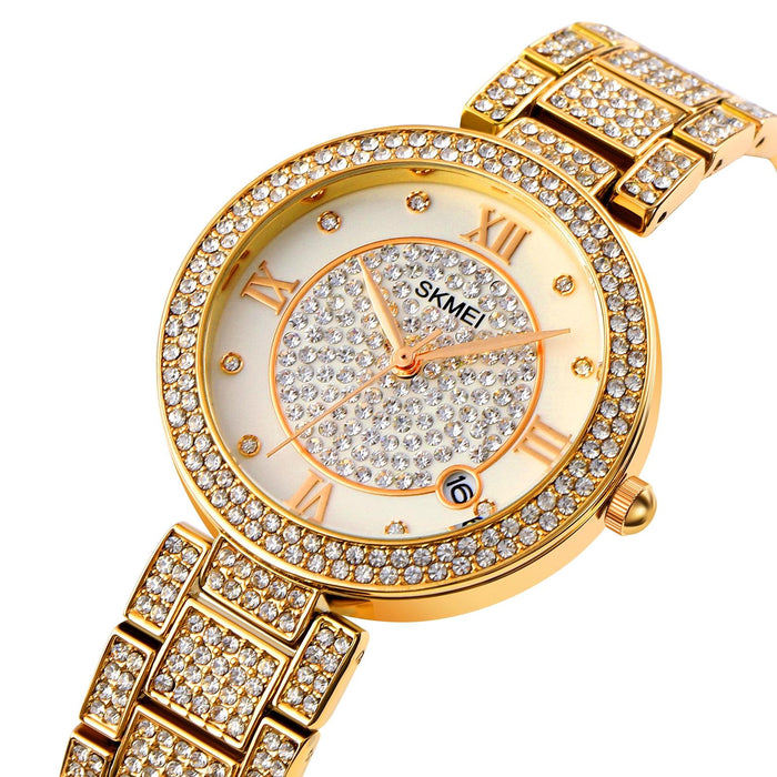 1739 Diamond Roman Numerals Round Dial Quartz Watch For Women